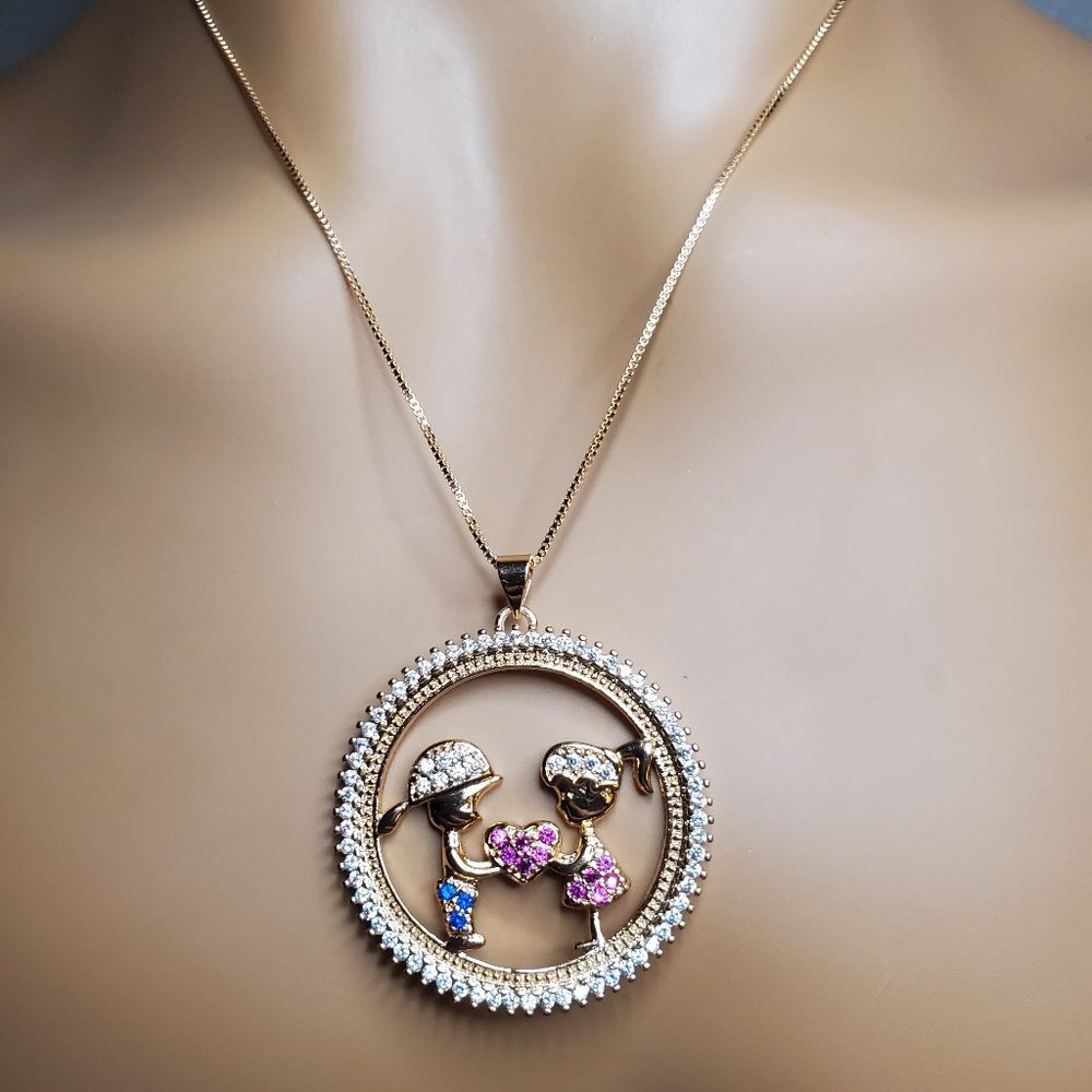 Mother's Day Necklace - Blue Boy & Pink Girl-Heart